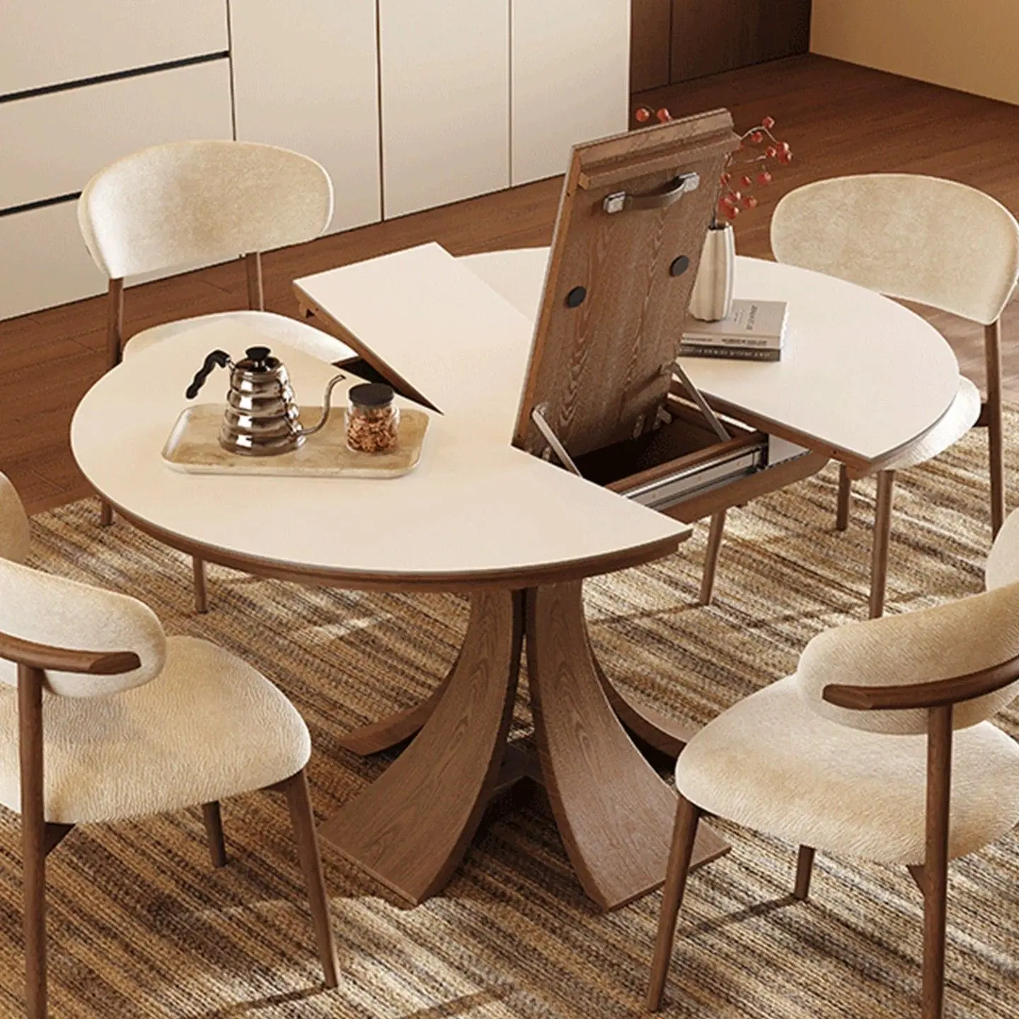 Retractable folding dining table, small household living room, medieval style, travertine rock slab solid wood