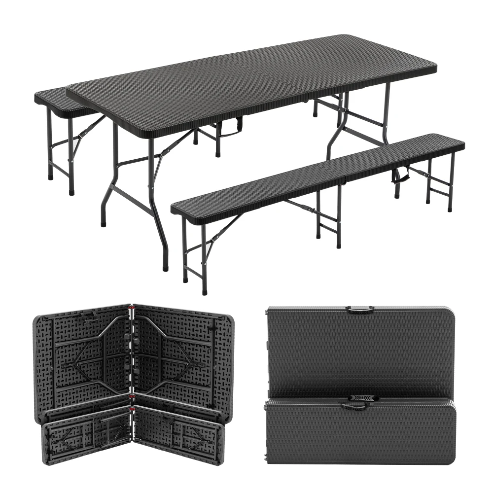 Mesa de Picnic Plegable Resistente de 6 pies con 2 Bancos, Mesa de Camping de HDPE Resistente a los Rayos UV y al Agua, Negra/Marrón para Uso en Exteriores