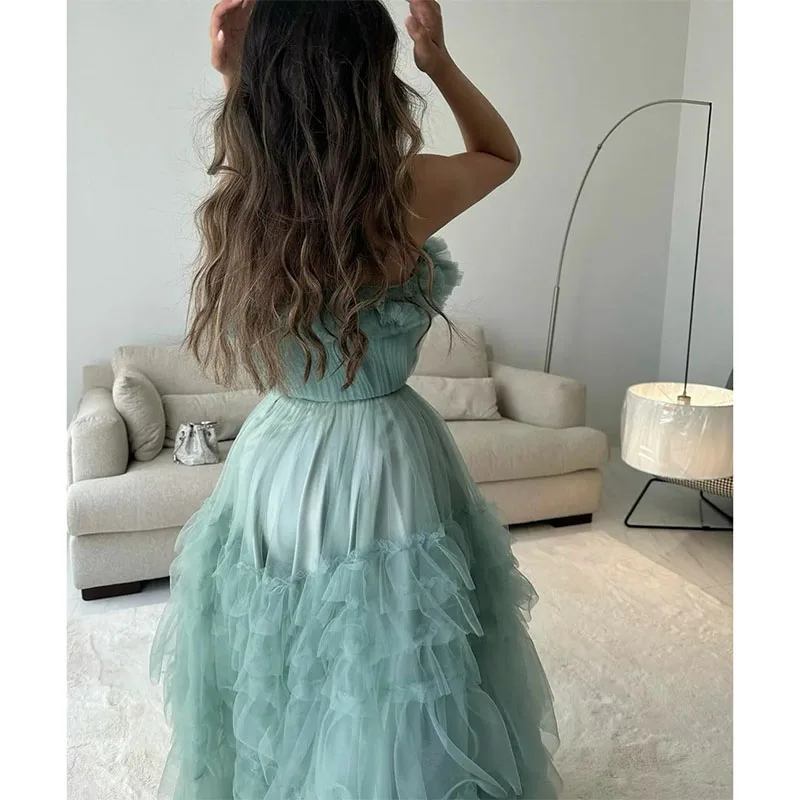 Classy Strapless Green Evening Dresses With Tiered A-Line Tulle Sleeveless Muslim Pleats Floor Length Prom Dresses for Women