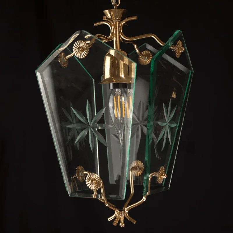 Luz pingente de vidro de floco de neve francês, luz pingente de cobre retro americano, varanda do quarto, estudo, luz da sala de jantar