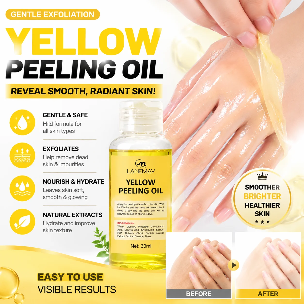 Yellow exfoliating lotion oil bleaching dark skin exfoliating whitening nourishing hyaluronic acid moisturizing body scrub