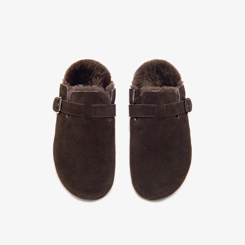 BEAUTODAY Winter Mules Women Cow Suede Leather Slip On Round Toe Buckle Strap Slippers Ladies Wool Flat Shoes MD-3002FUR