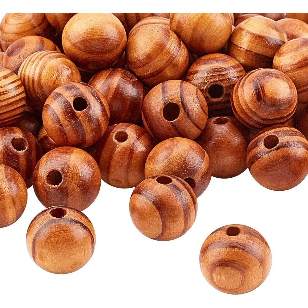 120PCS Natural Wood Beads 20mm Round Striped Wood Beads Light Brown Assorted Wooden Loose Beads Spacer kit Kit