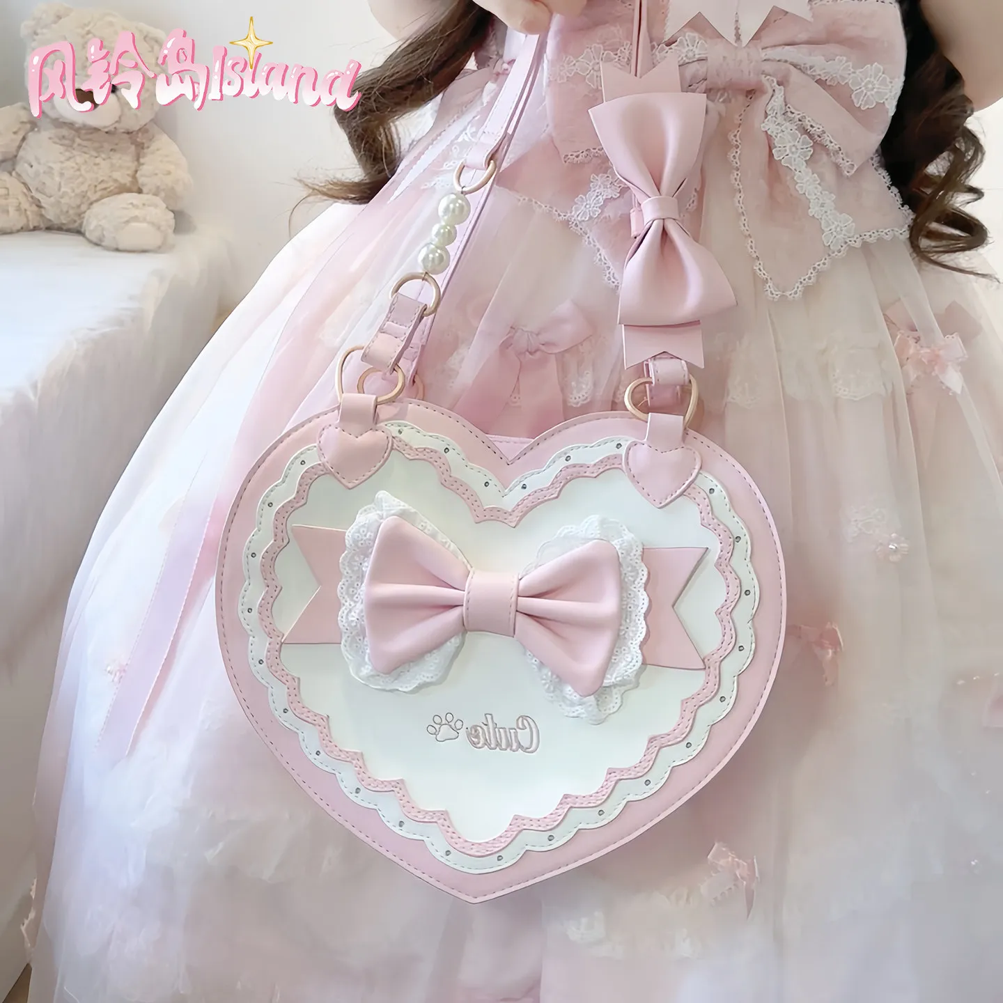 Japanese Original Sweet and Cute Lolita Bow Love Bag Soft Girl Large Capacity Beautiful Lo Portable Messenger Bags for Women