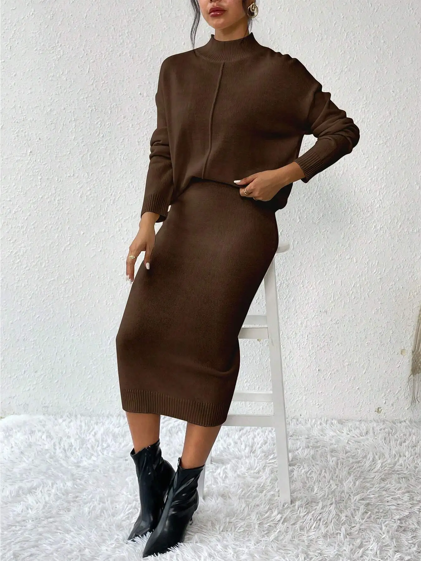 Women's Solid Color Ribbed Knit 2-Piece Set with Mock Neck Top and Midi Skirt