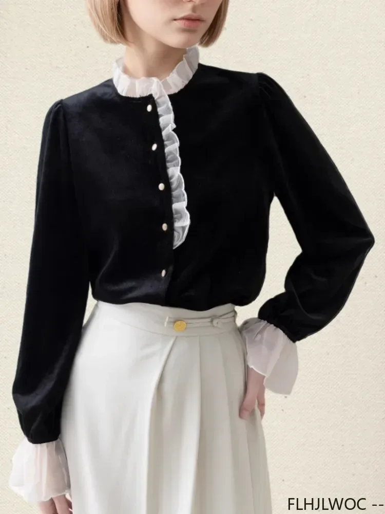 Black Velvet Women\'s  Autumn Winter 2024 New European White Collar Vintage Retro Long Sleeve Basic Shirts Stand Ruffles Tops