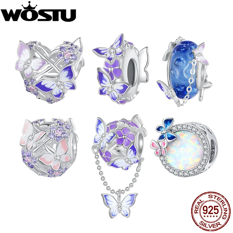 WOSTU 925 Sterling Silver Mystic Purple Flower Charms Beads Butterfly Safety Chain Fit Original Bracelet DIY Necklace Jewelry