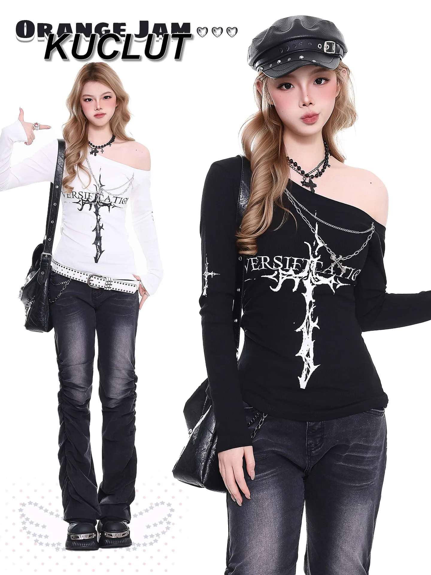 

2026 New Casual Tee V Neck T-shirts Y2k Style Retro Chain Long Sleeve T-Shirt for Women Spring and Autumn Slim Fit Women's Tops