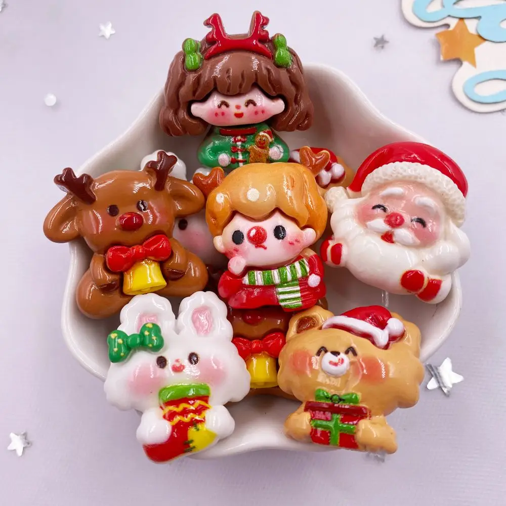 6PCS Resin Colorful Santa Claus Boy Girl Bear Rabbit Elk Flat back Stone Cartoon Christmas Figurines Scrapbooks DIY Decor Crafts