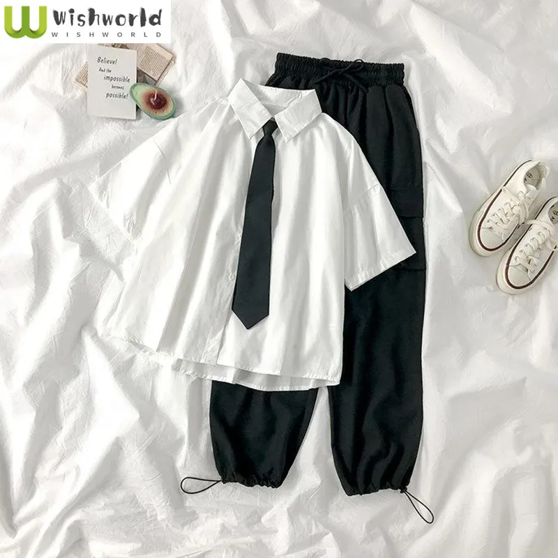 

Summer Fashion Female Suit Student Korean Short-sleeved Shirt+BF Overalls High Waist Slim Casual Pants Two-piece Set