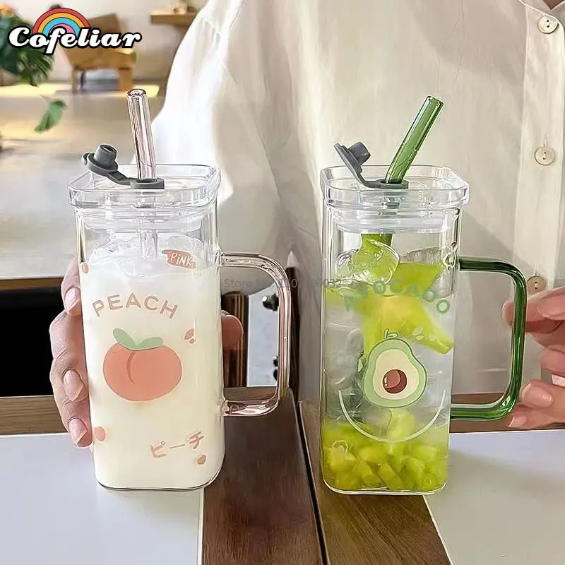 

Cute Square Fruit Pattern Transparent Coffee Glass with Lip and Straw Milk Tea Mugs Home Bar Drinkware Couple Gifts Drink Mug