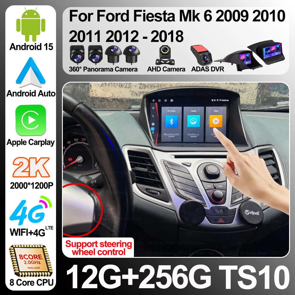 Radio para Auto con Carplay Android 16 para Ford Fiesta Mk 6 2009 2010 2011 2012 2013 2014 -2018, Reproductor Multimedia de Video con Pantalla y GPS