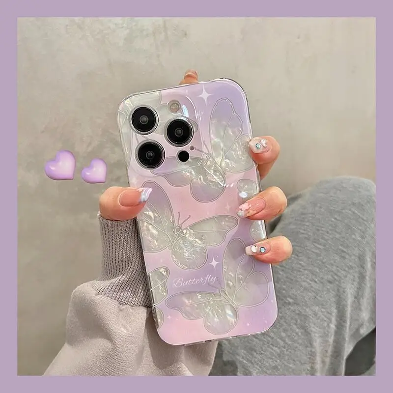 Korean Girl Purple Tulip Butterfly Shell Pattern Protective Cover for iPhone 14 Pro Max 13 12 11 Xsmax Xr X 7 8 Plus Back Cover