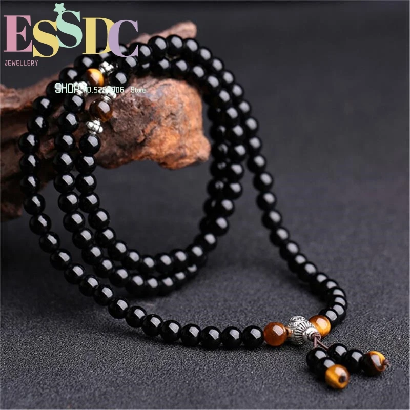 6mm Natural Obsidian 108 Beads Mala Yoga Tiger Eye Stone Necklace Bring Fortune Avoid Evil Fashion Men or Women Jewelry Dropship