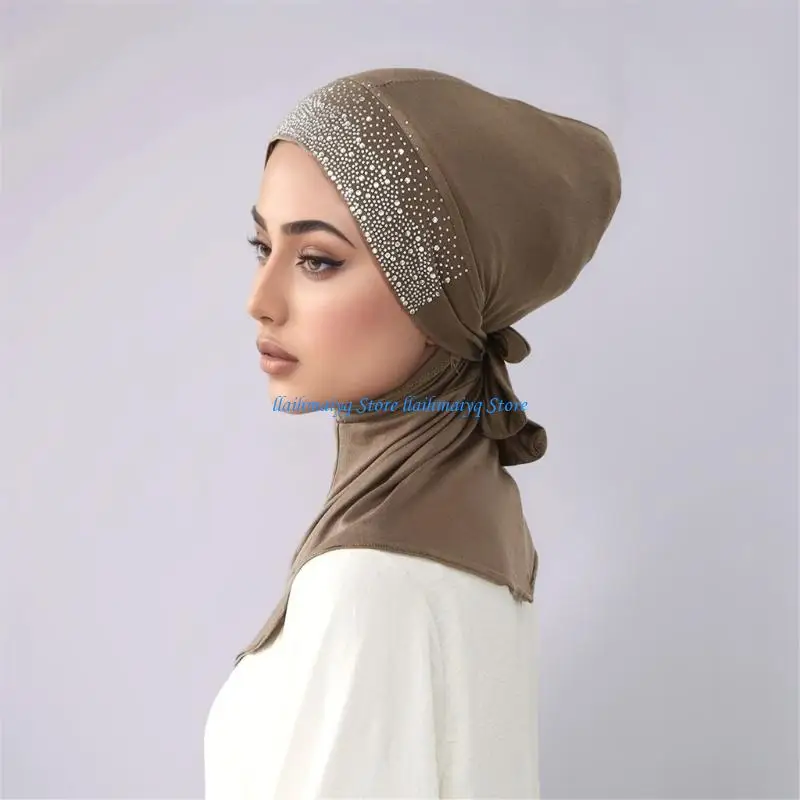 573B Sparkling Headscarf Hat Rhinestones Decors Turban Hat Bandana Scarf for Women