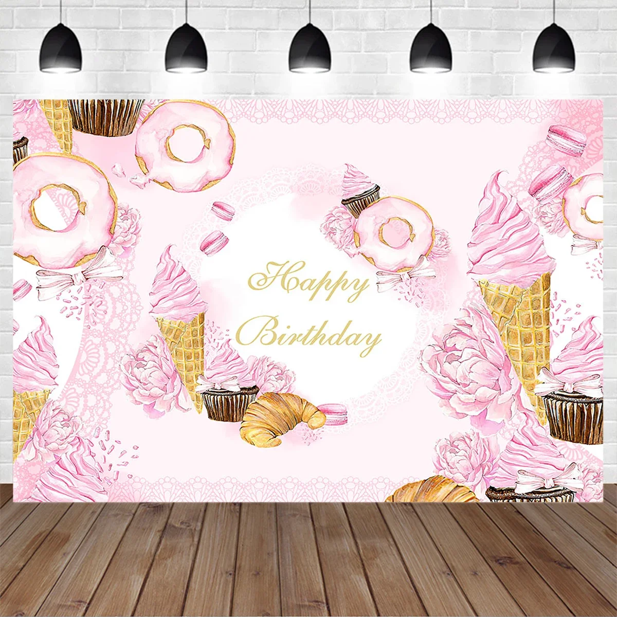 Sweet Ice Cream Cone Girl Birthday Party Photography Background Doughnut Dessert Pink Backdrop Newborn Baby Shower Photobooth