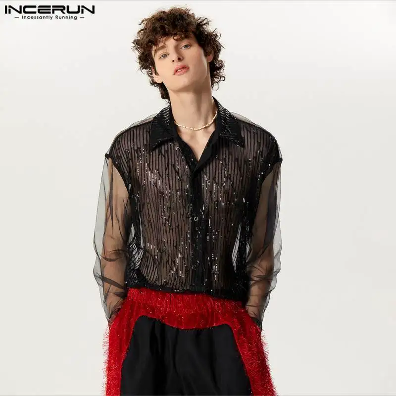 2024 Men Shirt Sequins Mesh Patchwork Lapel Long Sleeve Men Clothing Transparent Streetwear Fashion Casual Camisas INCERUN S-5XL