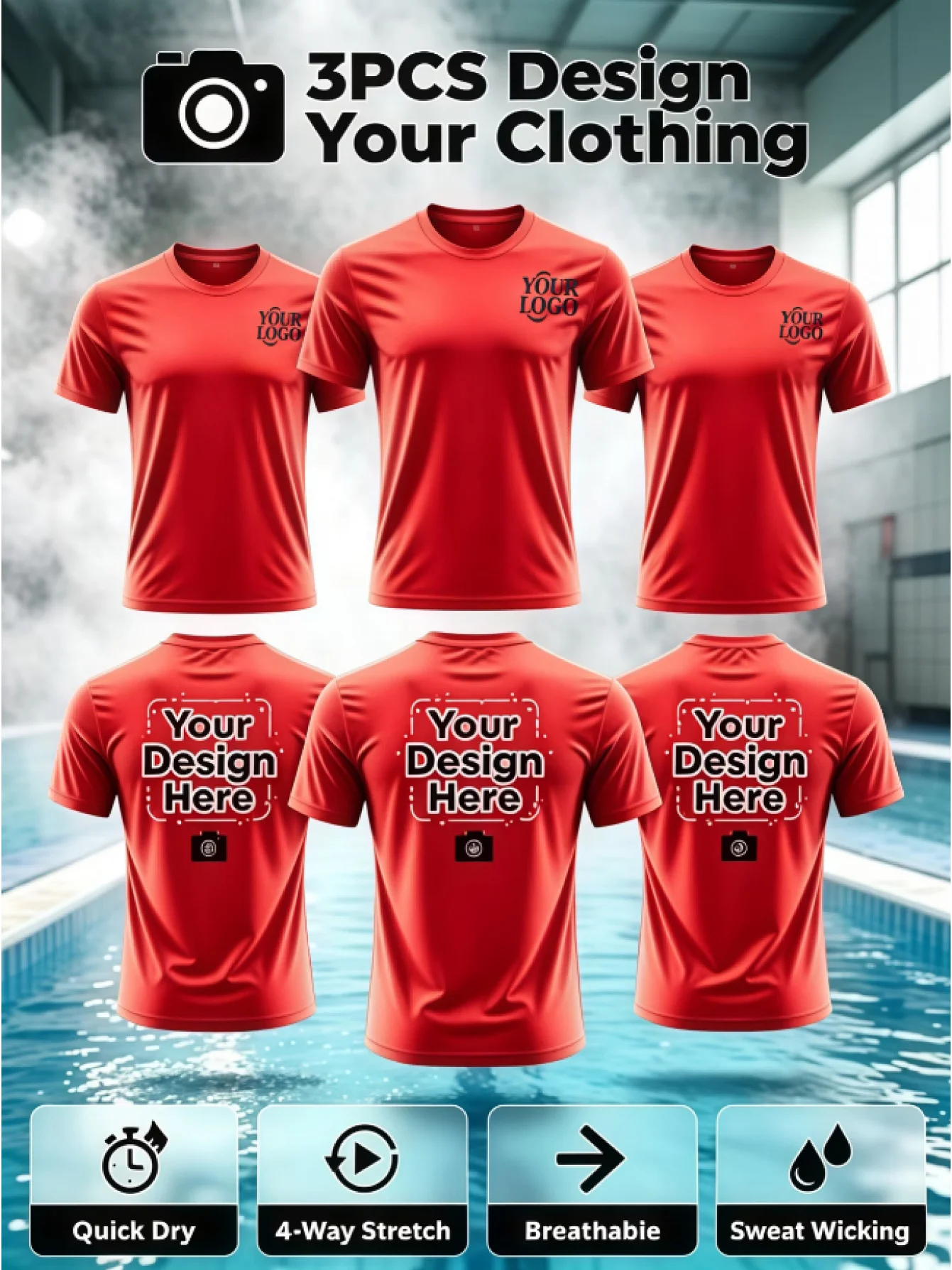 3-piece custom casual round neck T-shirt, chest/back can DIY patterns and text, can be used as team building clothing