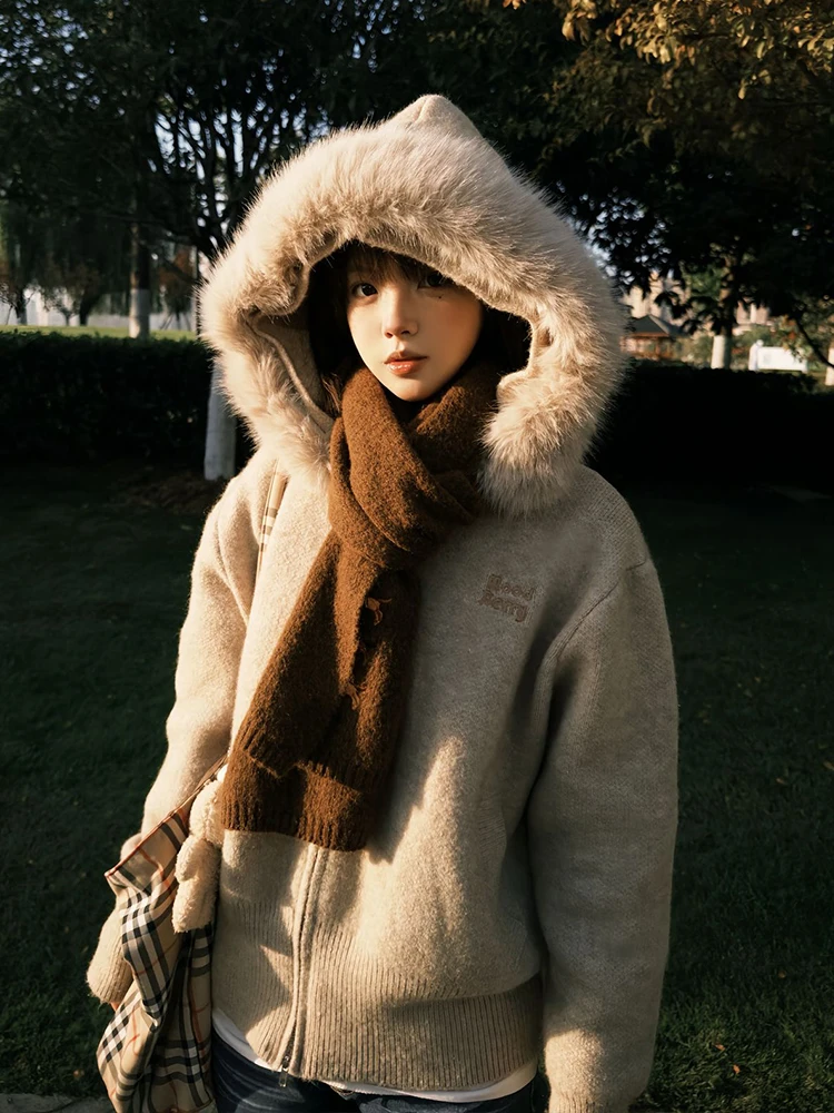 

Винтажный вязаный кардиган свободного кроя для женщин, осенне-зимний, с двойной молнией, капюшоном, повседневный, мягкий, длинный, с цветочной вышивкой...