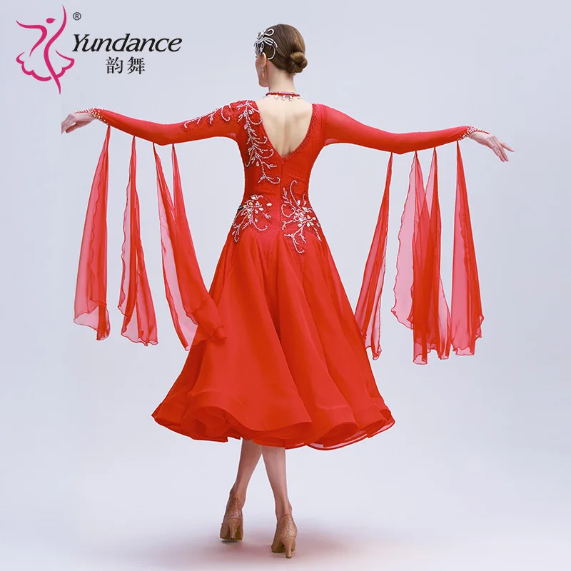 B-24215 Custom new rhinestone dress standard ballroom dance high quality coffee chiffon long ballroom dancing dress for sale