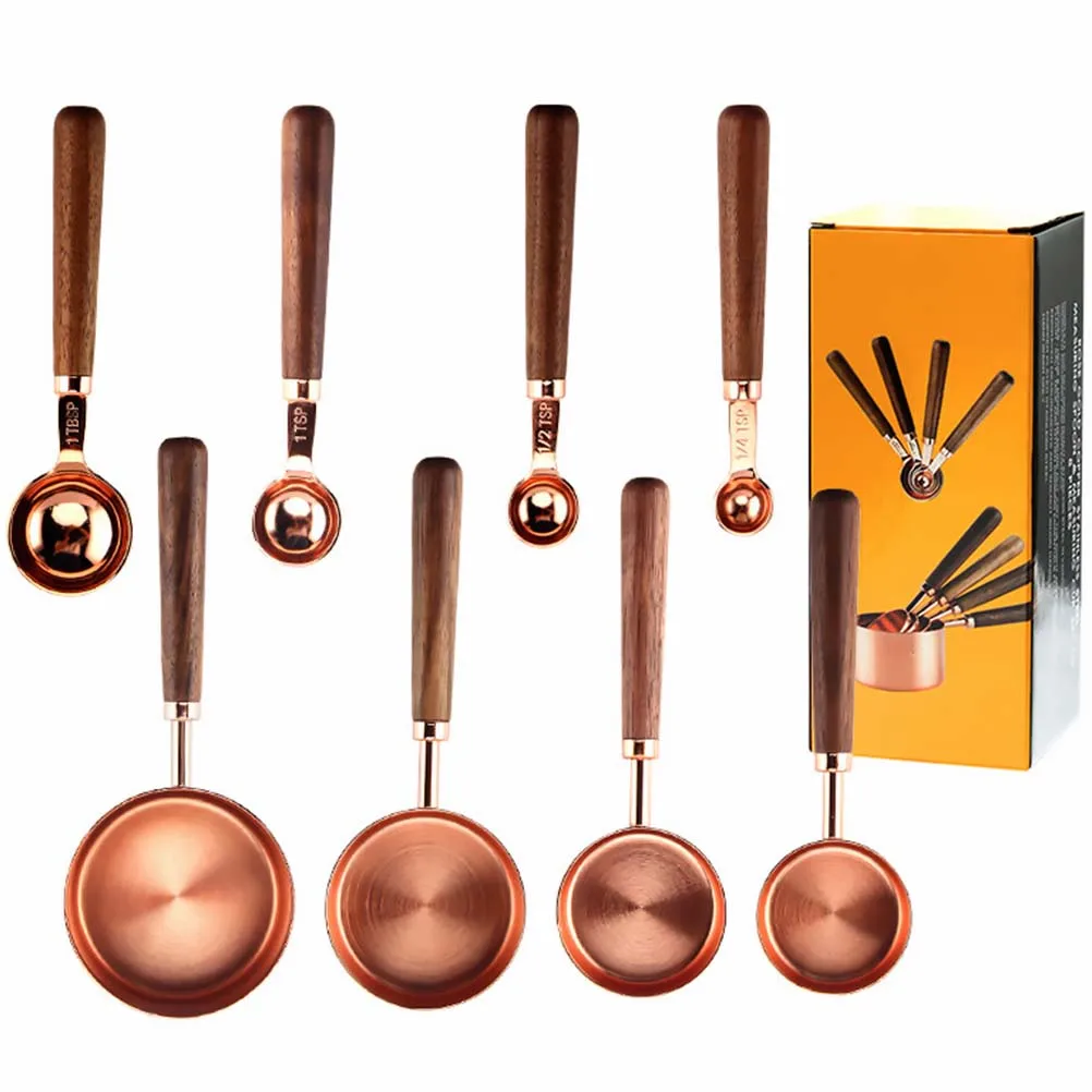 

1Set Measuring Cup Spoon Set Stainless Steel Walnut Material Practical Double Scale Kitchen Baking Tools