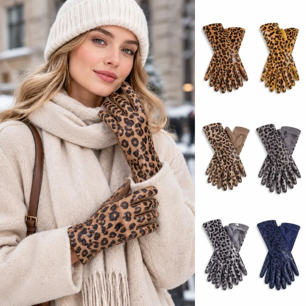 Windproof Touchscreen Gloves Full Finger Ladies Design Faux Suede Gloves Thermal Lining Elastic Cuff Leopard Print Gloves