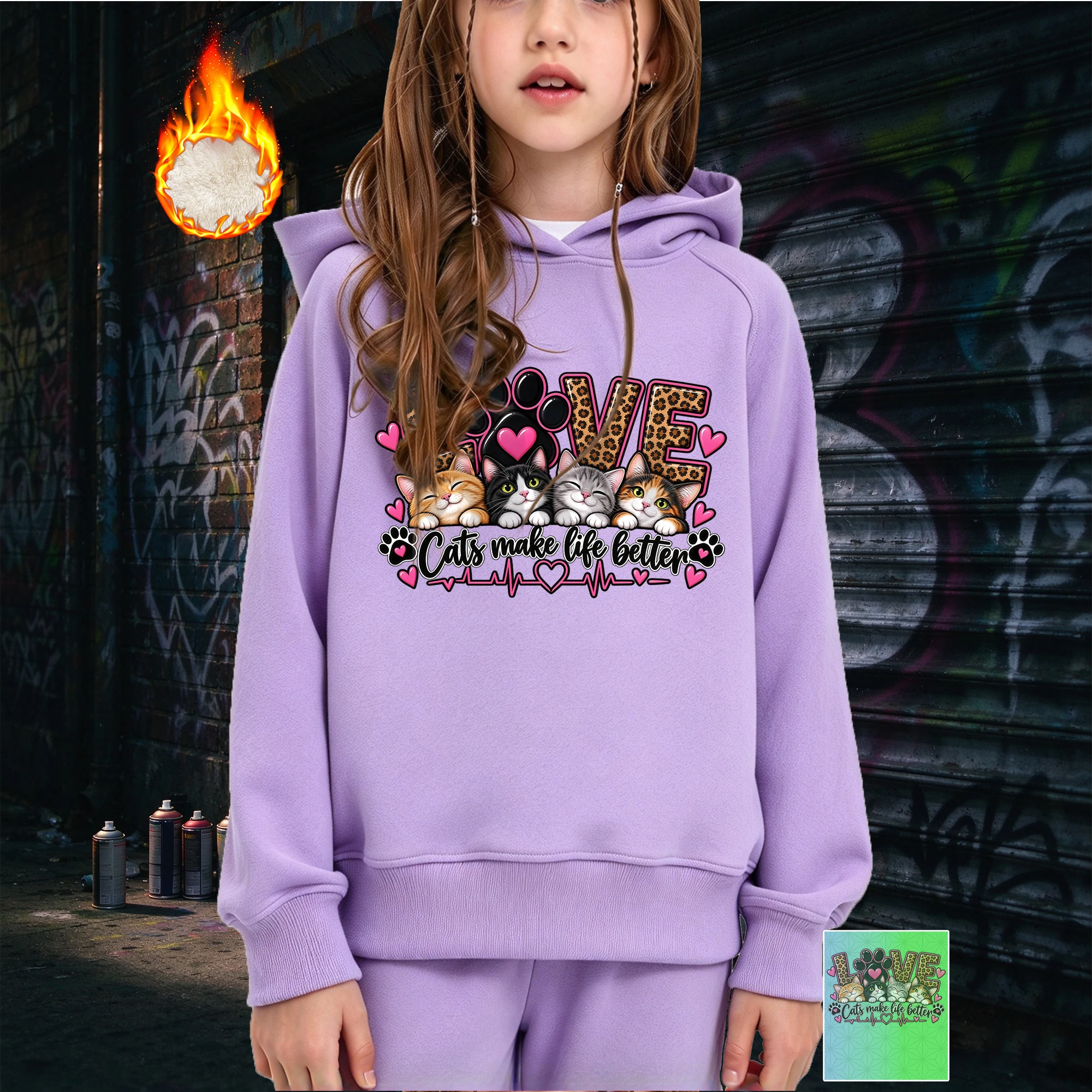 Girls Hoodies Sweatshirts Fleece Kawaii Cute Kitten Cat Love Paw Heart Printed Valentine Girls Kids Clothing Autumn Winter Daily