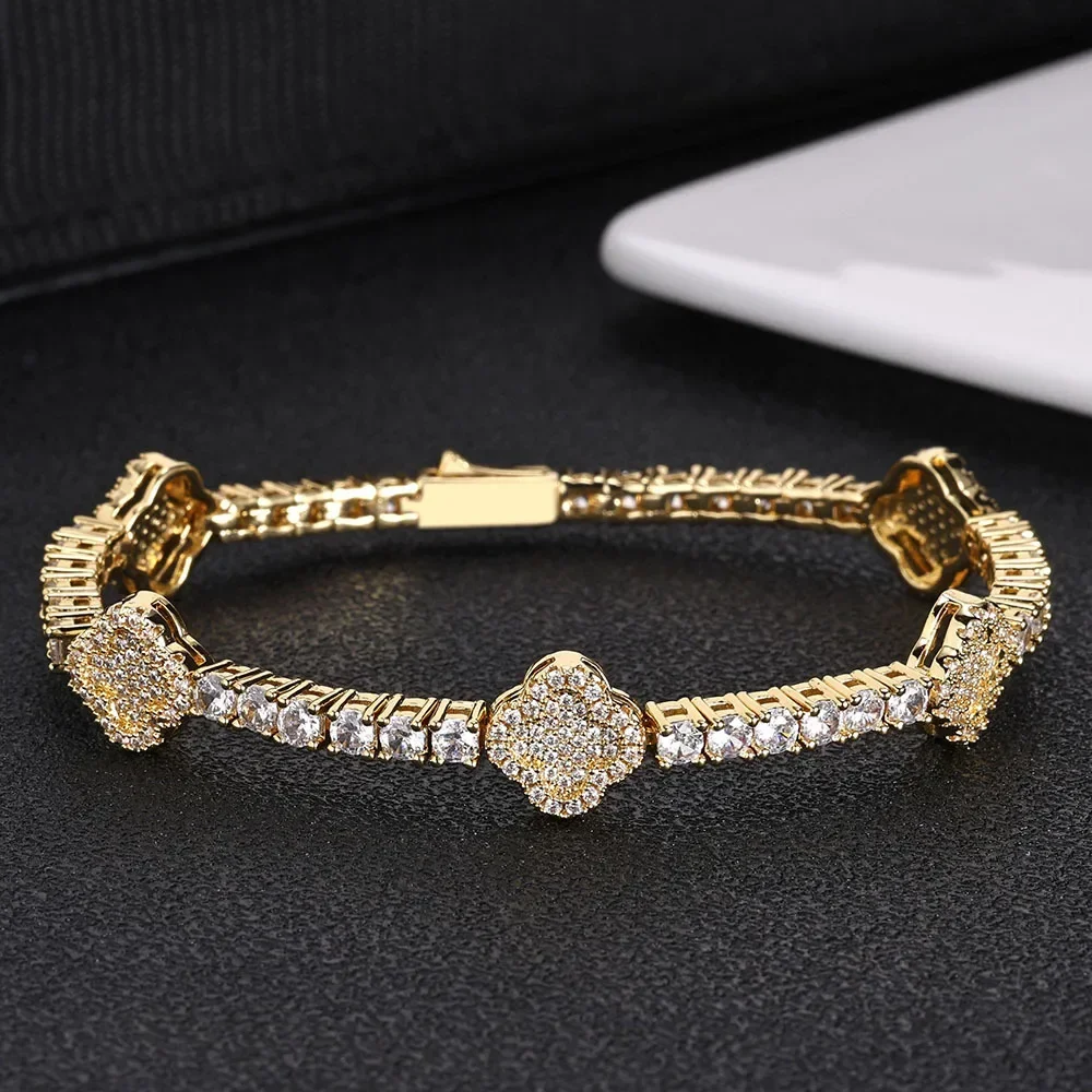 Hip-hop Spring Buckle Zircon Tennis Chain Four-leaf Clover Men's Bracelet Jewelry Dropshipping