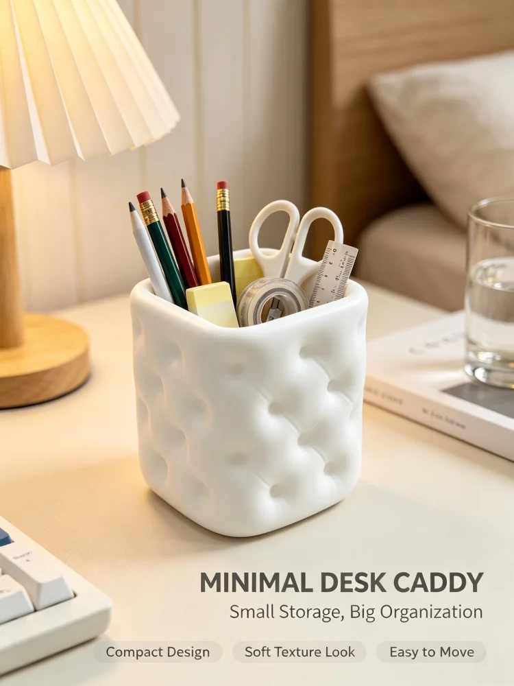 White Sofa-Style Tufted Design Desktop Pen Holder with Soft Cushioning, Textured Pen Cup, Compact Size, Stable and Durable Plastic Desktop Storage Box, Decorative Desktop Ornament with Quilted Texture, Office Desk Storage Container, Can Be Used to Store Stationery or as a Makeup Brush Organizer, Suitable for Home Office Areas and Student Desks, Cute and Aesthetically Pleasing Desktop Decoration Accessory