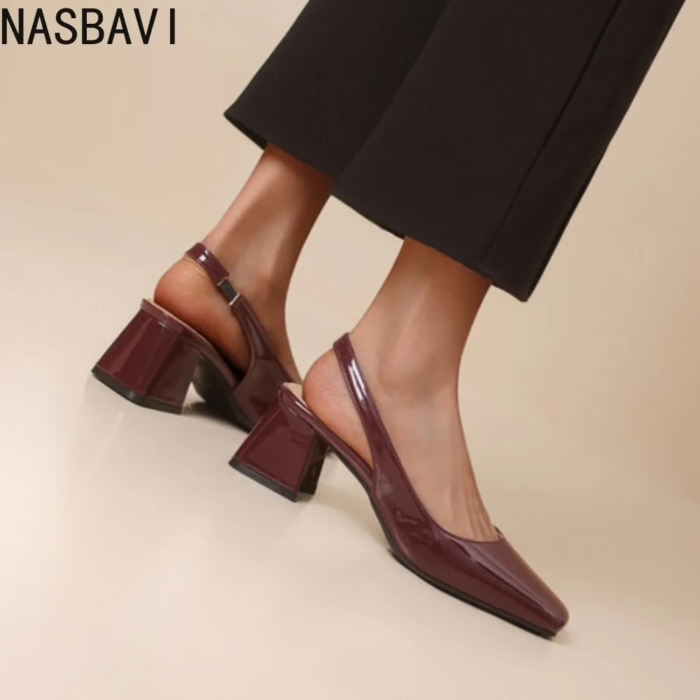 

NASBAVI Vintage Womens Square Toes Pumps 6CM Chunky Heels Slingback Sandal Shoes Ladies Summer New Woman Lady Female Sandals