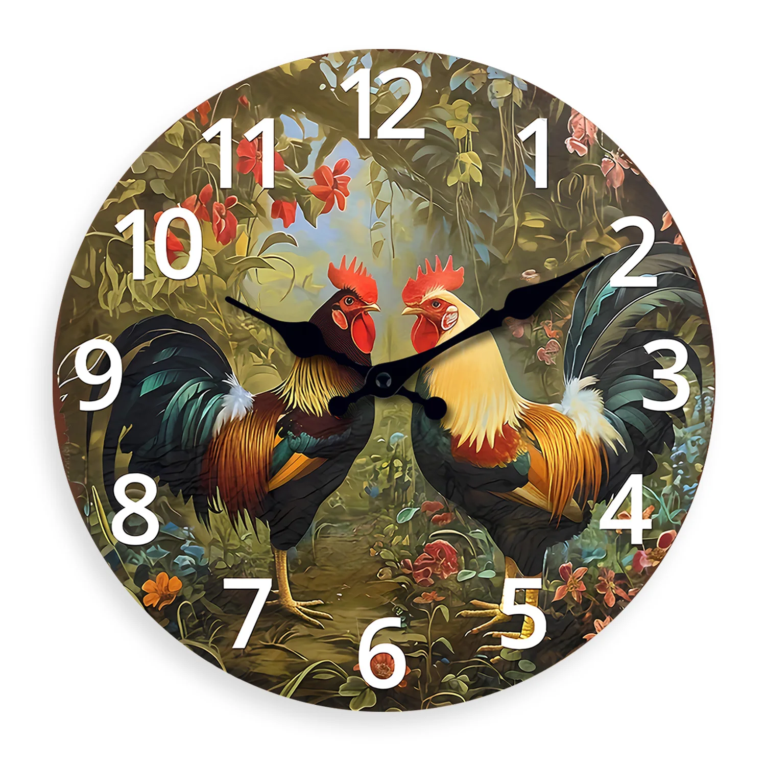 Retro-Wanduhr im Landhausstil mit Hahn- und Blumenmuster, aus Holz, für Wohnzimmer, Schlafzimmer, Küche, als Dekoration für das Zuhause, geräuschlose Quarzuhr, ideales Geschenk für die Feiertage, 10