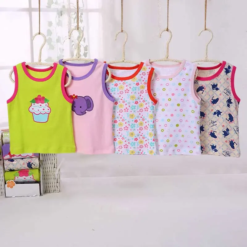 [5Pcs/lot Random Color]Baby Girl Tops Cartoon Print Infant Girls Vest T Shirt Cotton Sleeveless Newborn Boy T-shirt Summer Vest