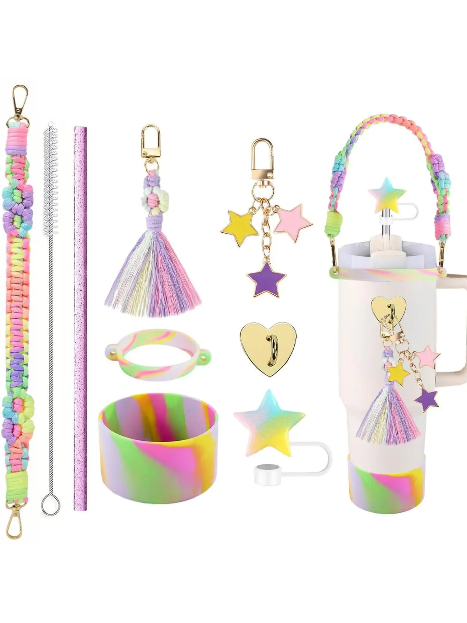 Daisy Woven Tassel Star Cup Chain Keychain Color Silicone Cup Pad Star Straw Topper Compatible with Stanley Tumbler