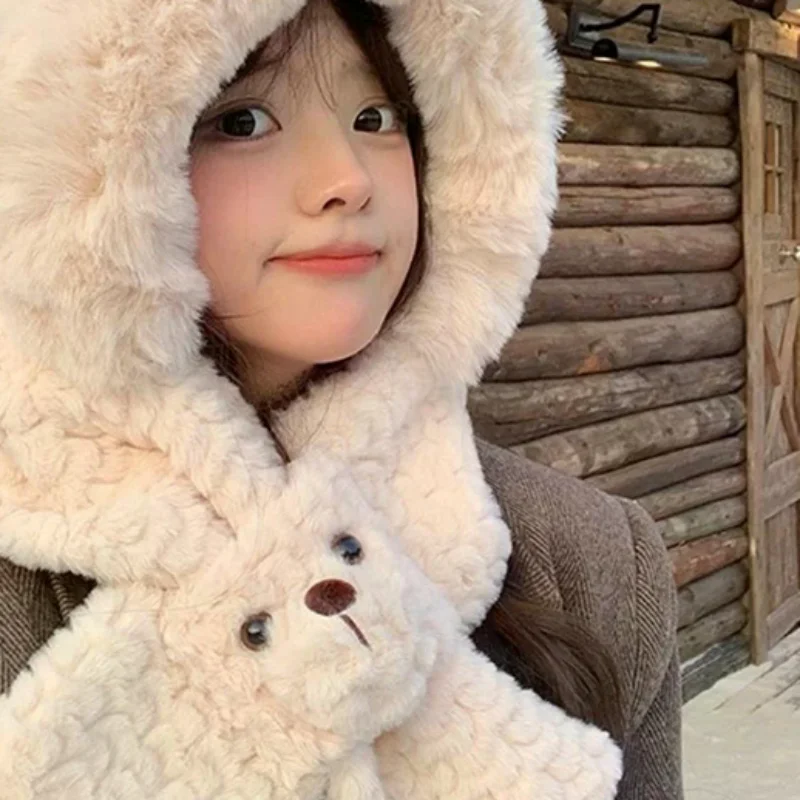 

Милая плюшевая шапка с медвежьими ушками, зимняя интегрированная шапка, шарф, ветрозащитная утолщенная шапка-бини, шарф, повседневный уличный теплый шарф, комплект