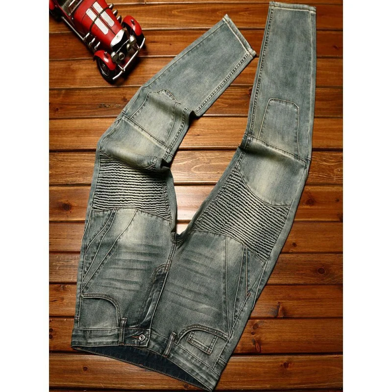 New washed retro jeans for MEN'S FASHION elastic motorcycle trend slim fit straight tube fashion casual fashion biker pants
