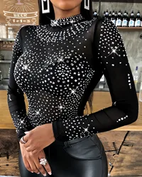 Women's Shiny Rhinestone Bodysuit Sexy Mesh Transparent Long Sleeve Summer