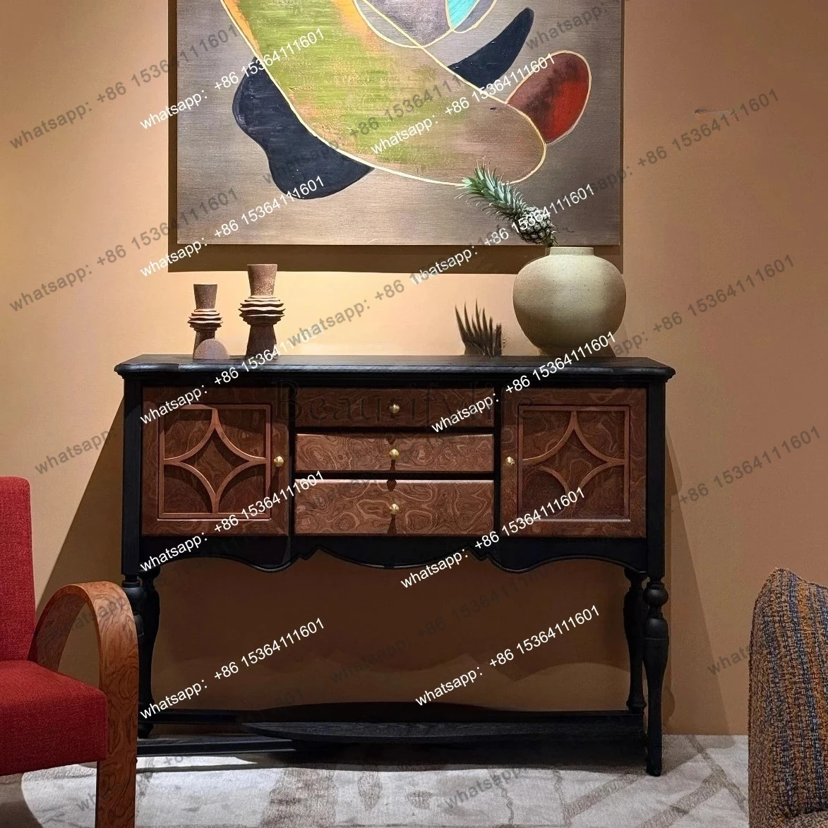 

French retro solid wood porch cabinet, living room entrance hall cabinet against the wall, designer decoration, antique dining