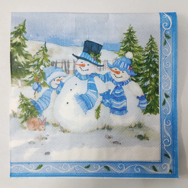 Servilletas navideñas de 2 capas, 10/20 piezas, 33x33cm, decoración para fiestas, papel, tres muñecos de nieve navideños, manteles individuales de papel impresos con dibujos animados