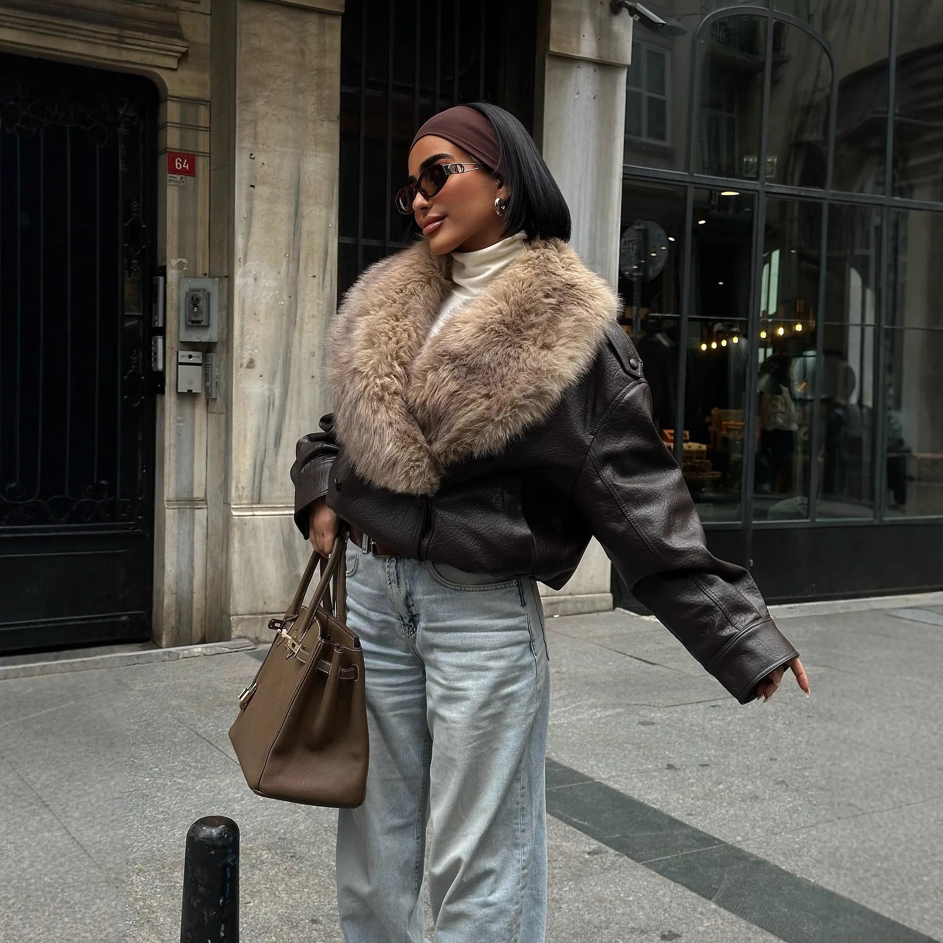 Suninheart Vintage Brown Detachable Faux Fur Collar Leather Jacket Women Short Aviator Bomber Coat Winter Streetwear Outwear