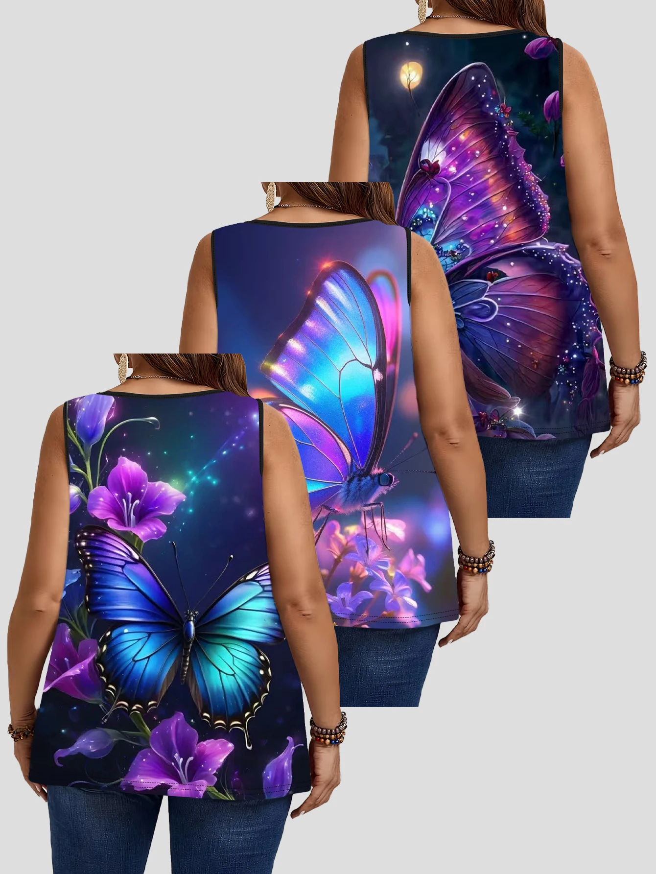 3-Piece Set of Plus-Size Sleeveless Vests｜Iridescent Aurora Butterfly Purple Flower Starry Sky Print Loose-Fitting Round-Neck Casual Outerwear Top