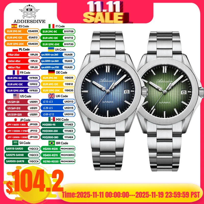 

ADDIESDIVE 38 мм мужские повседневные часы с сапфировым стеклом BGW9 синие светящиеся 200 м дайвинг Sunburst Япония NH35A автоматические механические часы