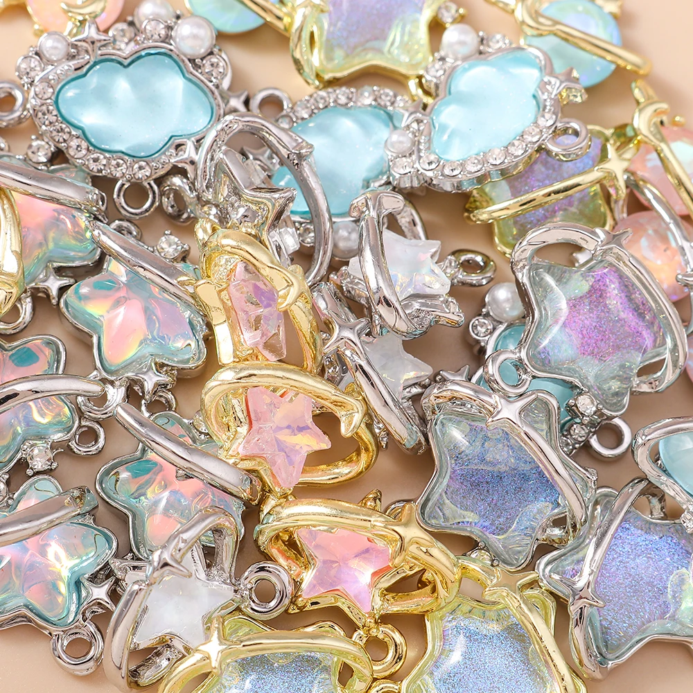 Leslie 5pcs Y2K Dainty Crystal Galaxy Planet Star Charms Pendant for Ins Necklace Bracelet Jewelry Making DIY Crafting