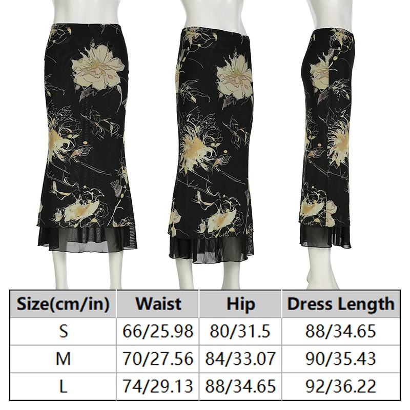 ファッション花柄黒美学二層メッシュスカートロングローウエストヒップスカート夏スリム A ラインスカートストリートゴシック Y2K