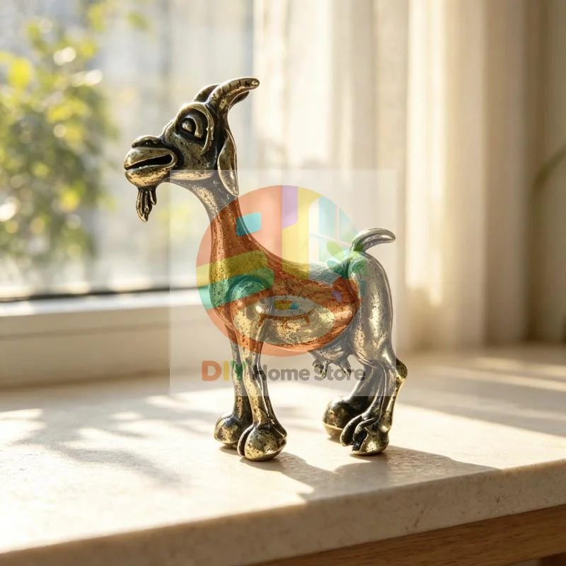 Vintage Brass Goat Animal Sculpture Retro Handcrafted Figurine Classic Tea Pet for Home Cafe Counter Decoration