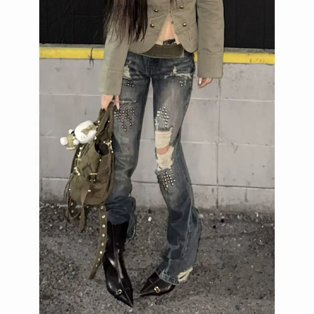 Women Vintage Ripped Y2k Jeans Streetwear American Retro Rivet Hole Design Denim Pants High Street Grunge Trousers Pantalones