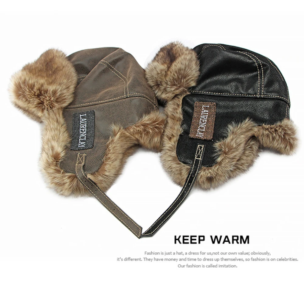 HT4241 Bomber Hat New Thick Warm Men Women Russian Fur Hat Male Windproof PU Leather Ski Trapper Earflap Cap Winter Hat Ushanka