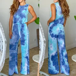 2024 New Summer Casual Tie-dye Ladies Jumpsuit 2024 Fashion Sleeveless Suspenders Printed Tie-dye Loose Jumpsuit Wide-leg Loose