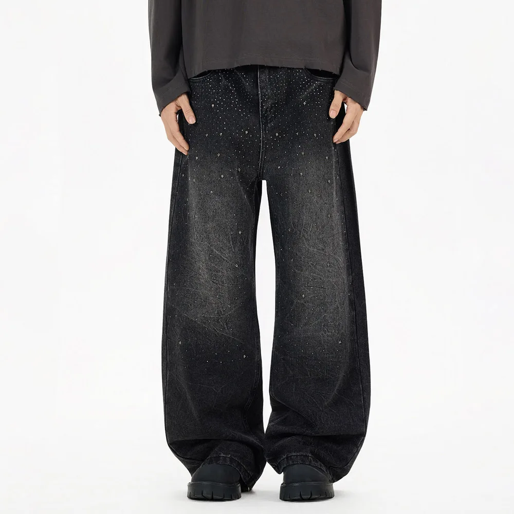 

Hot Stamping Diamond Jeans Men Streetwear Hip Hop Vintage Fashion Loose Causal Black Denim Pant Baggy Jeans Cityboy Trousers