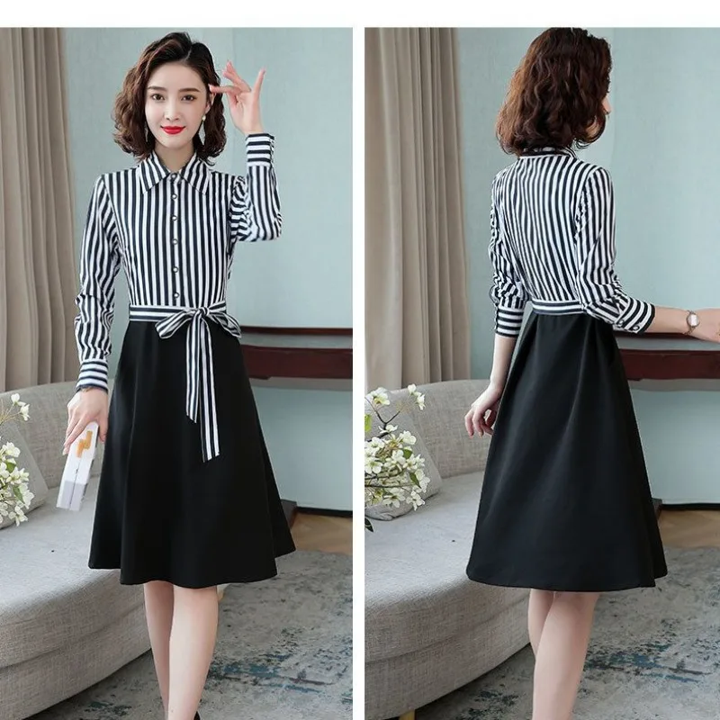 Striped Dress with Long Sleeves with Pockets Shirt Collar Long Sleeves A-line Fake Two-piece Midi Skirt