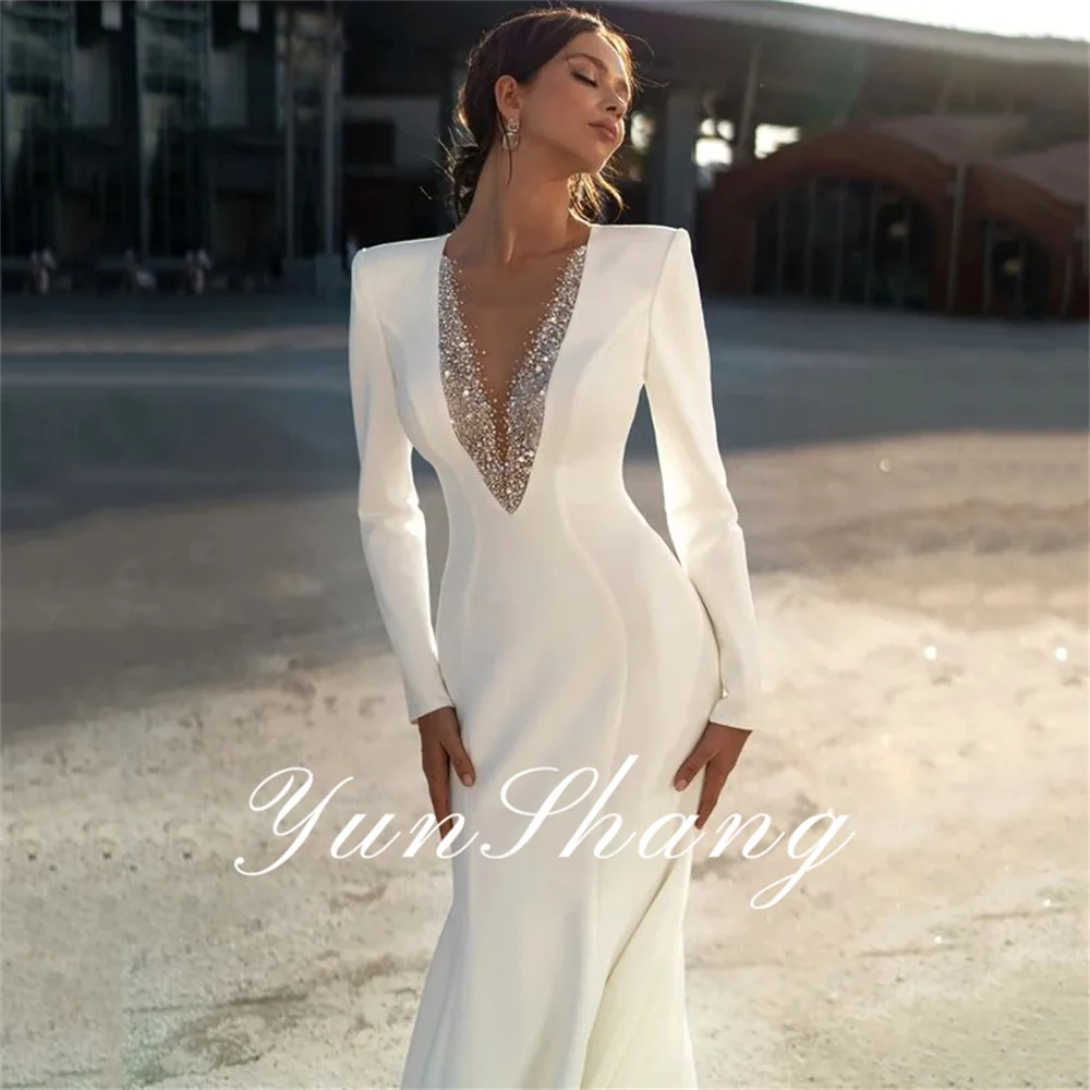 Yunshang elegante sereia vestido de casamento manga longa com decote em v miçangas plissado zíper voltar vestido de noiva vestidos de novia personalizado